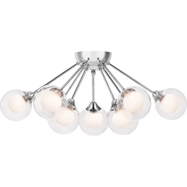 Find yourself mesmerized by the vintage beauty of the Spellbound, a stunning member of Platinum by Quoizel. Inspired by the sputnik designs of decades past, this collection is truly retro reimagined. Spheres of shimmering ice glass are encased in outer shades of clear glass, resulting in a glittering display of light. The polished chrome arms and sockets adds a contemporary edge to finish the look.