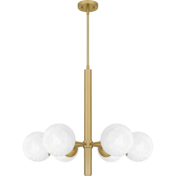 Cloud glass orbs create an exceptionally beautiful glow in the Solei mini globe chandelier. The distinctive silhouette is finished in aged brass, adding luster and luxury to the transitional design. Because the cloud glass is hand made, each globe may vary slightly due to its unique nature. Part of the popular Platinum by Quoizel collection, Solei pairs well with any modern or contemporary space.