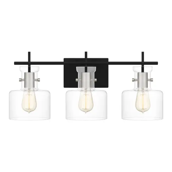 A matte black finish includes a hint of shine, courtesy of brushed aluminum accents, in the Pensbury bath light. With clear glass shades to maximize radiance, the light comes in either three or four bulbs. The black-and-silver colorway adds a refined touch to modern bath spaces.
