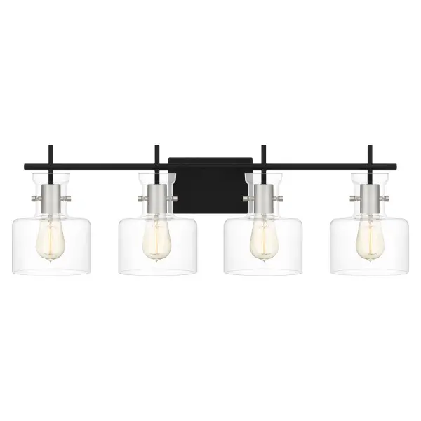 A matte black finish includes a hint of shine, courtesy of brushed aluminum accents, in the Pensbury bath light. With clear glass shades to maximize radiance, the light comes in either three or four bulbs. The black-and-silver colorway adds a refined touch to modern bath spaces.