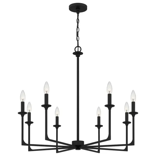 The Prescott collection offers eye-catching, transitional styling for every room. A simple silhouette and sleek candle sleeves make Prescott the perfect choice for understated style. Choose from mini pendants, pendants, chandeliers, and island lights - all available in either brushed nickel or matte black. Collection: Prescott Rooms: Dining, Entry/Foyer, Kitchen Finish: Matte Black Width: 32.00" Height: 28.00" Length: 32.00" Weight: 6.93 lb Extension from Wall: 32.00" Chain: 4' Wire: 8' Canopy: 5.00"W X 5.00"L Number of Bulbs: 8 Maximum Wattage: 15.00 W Bulb Type: Candelabra Bulb Base: Candelabra Voltage: 120.00 V Material: Steel Safety Listing: ETL Spec Sheet Instructions