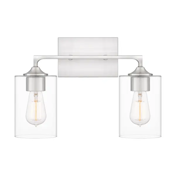 The Prescott bath light offers eye-catching, transitional styling over any bathroom vanity. A simple silhouette and clear cylindrical glass shades make Prescott the perfect choice for understated style. Choose from two, three, or four lights - all available in either brushed nickel or matte black.