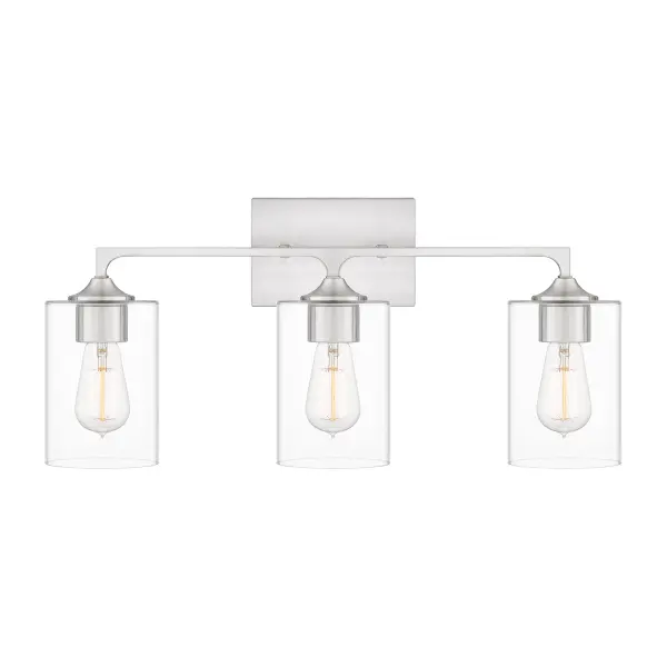 The Prescott bath light offers eye-catching, transitional styling over any bathroom vanity. A simple silhouette and clear cylindrical glass shades make Prescott the perfect choice for understated style. Choose from two, three, or four lights - all available in either brushed nickel or matte black.