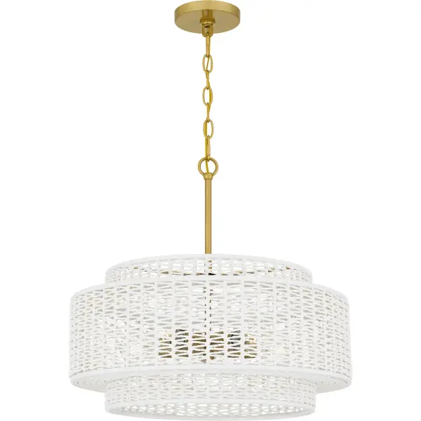Part of the Quoizel Naturals collection, the Teton pendant spotlights coastal styling and natural elements. The classic drum silhouette is accentuated by casual layers, while the rope shade adds depth and contrast to the otherwise simple frame. Choose from a matte black finish with a natural rope shade or a brushed gold finish with white rope. Collection: Quoizel Pendant Rooms: Dining, Entry/Foyer, Office Finish: Brushed Gold Glass: Rope Width: 20.00" Height: 19.00" Length: 20.00" Weight: 10.34 lb Extension from Wall: 20.00" Chain: 4' Wire: 8' Canopy: 5.00"W X 5.00"L Number of Bulbs: 5 Maximum Wattage: 100.00 W Bulb Type: E26 Bulb Base: Medium Voltage: 120.00 V Material: Steel Safety Listing: ETL Spec Sheet Instructions