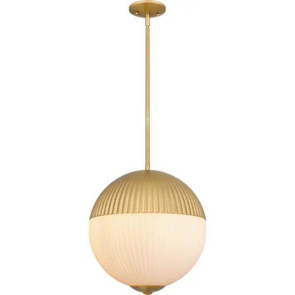 Brushed gold and ribbed glass form a beautiful, classic pairing in the Mia pendant light. The large globe shade features a multi-material element, combining metal with opal etched ribbed glass for a pretty pleated effect. With its versatile styling, Mia makes a beautiful addition to any updated traditional kitchen, living room, or bedroom.