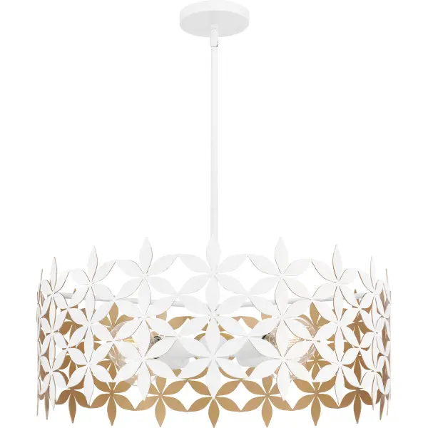 Add a pretty, feminine touch to any room with the Piper pendant light. The matte white shade is comprised of delicate metal flower cutouts, featuring a gold finish on the inside for a lustrous contrast. With its charming silhouette, Piper makes a beautiful statement in any modern living room, nursery, home office, or bedroom.
