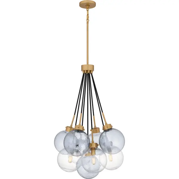 Soiree takes a fun, artful approach to modern pendant lighting. The spectacular design features a brushed weathered brass finish and a cluster of glacial glass spheres, alternating between clear and smoked glass. With its distinctive styling, Soiree makes a truly artistic statement over a dining room table or in a living room.