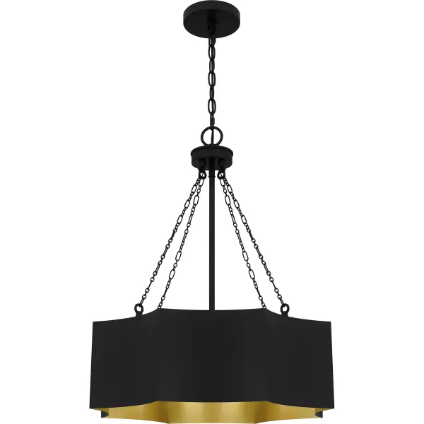 With a two-tone finish and oversized silhouette, the Zyler pendant light makes a modern design statement. The matte black metal shade features a subtle geometric shape, highlighted by a gold finish inside to create a pretty glow. A delicate chain completes the design, making Zyler a great choice in any kitchen, living room, dining room, or home office space.