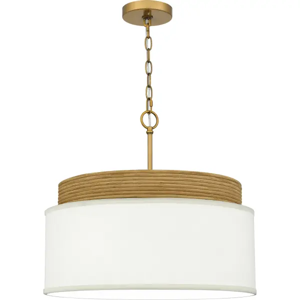 With its white linen fabric shade and real rattan detailing, the Malia pendant light exemplifies modern coastal design through the use of natural elements. A brushed gold finish completes the look, adding a subtle hint of luster to the design. Malia's oversized drum silhouette lends itself beautifully to a variety of interior spaces from living room to bedroom.