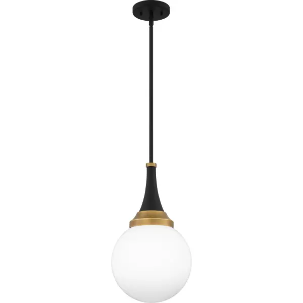 Black and gold create a bold and modern pairing in the Arlo pendant light. The clear opal glass globe is accentuated by a matte black finish and lustrous brass accents at the top. Hang Arlo pendants alone or in a grouping over a kitchen island, bar area, or table for optimal lighting.