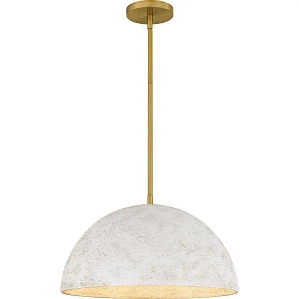 Transform your living space with the Portia pendant light, where modern design meets luxurious detail. Portia features a brushed gold finish that adds a sophisticated touch to any decor. The Portia pendant light is adorned with a white metal shade that boasts a unique stone-like finish, creating a striking contrast and texture. This combination of finishes and textures makes Portia a standout piece, perfect for enhancing modern interiors with its refined style.
