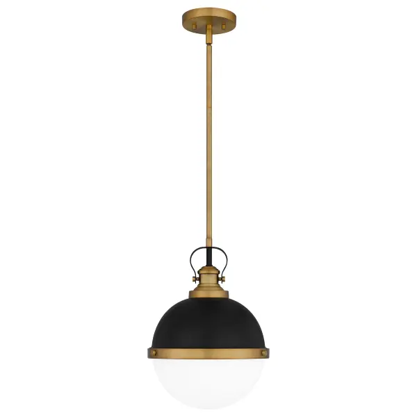 Sullivan’s spherical shape packs aesthetic punch. This handsome pendant features an opal-etched glass shade paired with a matte black finish and brass trim. Try a trio of these lights in the kitchen, or use one on its own in the foyer.