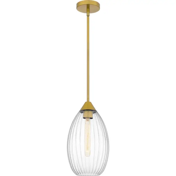 The Marza mini pendant features clear hammered ribbed glass, a uniquely textured glass that delivers a beautiful illumination effect. The simple silhouette lends itself to a variety of transitional spaces and is available in either brushed nickel or brushed gold. Mini pendants can be hung individually or in multiples, allowing you to customize the look you want.