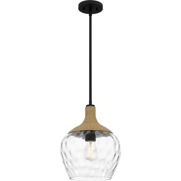 Part of the Quoizel Naturals series, the Royer one-light pendant exemplifies modern bohemian style. Rope detailing surrounding the top of the glass globe shade calls to mind coastal elements. Choose from either clear water glass or opal etched glass – both finished in a handsome matte black.