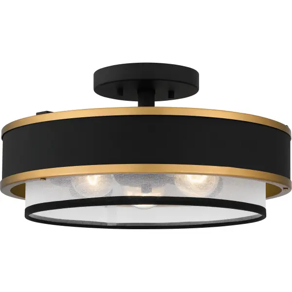Low-profile, high drama. The Lockwood semi-flush mount blankets a space in a warm glow, thanks to an organza shade with black trim. The earth black finish grounds the look in ever-alluring style.