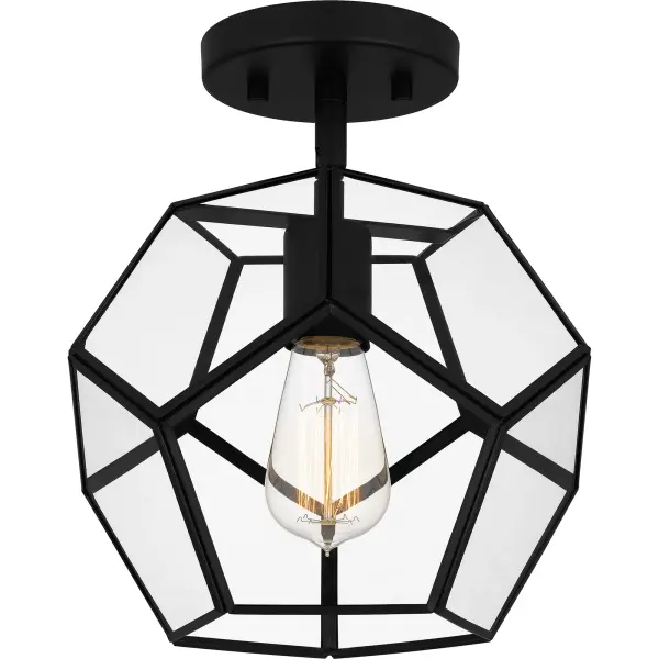 With its unique shape, Kinslee adds geometric flair to any number of spaces. The one-light semi-flush mount light features clear beveled glass and angular lines. Choose from either polished brass or matte black to make an eye-catching statement in the setting of your choice.