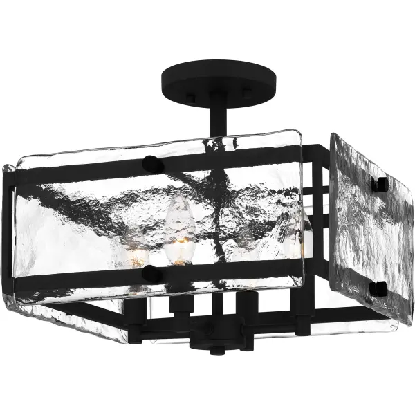 Coastal meets industrial. The Lancer semi-flush mount features a square silhouette with rectangular clear glass panels and round knob accent pieces. Choose from either matte black or mottled silver for a one-of-a-kind statement piece in any foyer, bathroom, hallway or office.