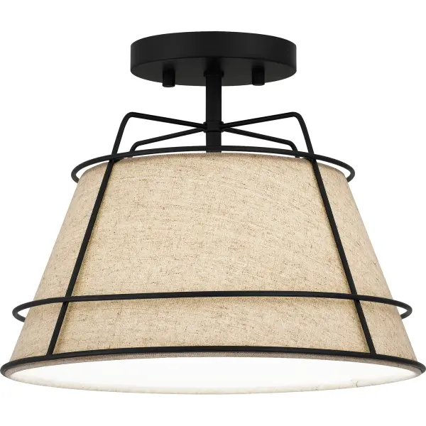 The Burbidge semi-flush mount light illuminates soft texture thanks to a white fabric shade. Sleek matte black lines envelop the shade, adding an element of industrial style. This design is ideal for contemporary and transitional spaces, infusing a subtle dash of warmth and whimsy.