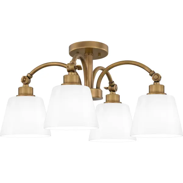 Classic meets transitional in the Iota semi-flush mount. A simple weathered brass frame is accentuated by unique joint accents, adding a touch of modern industrial style. Opal glass shades complete the timeless look, emitting a warm ambient glow in a breakfast nook, kitchen, home office, or over a small table.