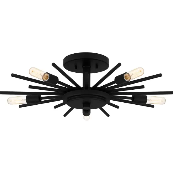 The Mesquite semi-flush mount radiates modern style with its geometric sputnik design and choice of matte black or weathered brass finish. Hang this versatile piece in a variety of spaces including a bedroom, hallway, home office , or living room. Pair with vintage filament bulbs for an added element of flair.