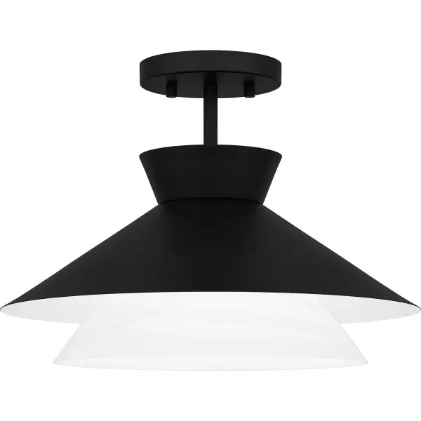 Lionel makes a bold design statement, available as a semi-flush mount or large pendant light. The metal outer shade is finished in a matte black, contrasted beautifully by the inner white alabaster glass shade. With its geometric silhouette and sleek design, Lionel is a perfect addition to any modern kitchen, bar area, or other living space.