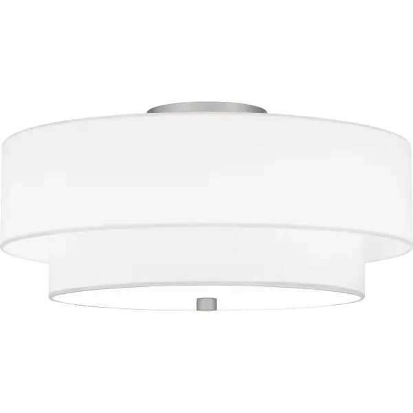 Prewett's understated style provides a soft transitional look for most any room. The white fabric shade diffuses the light evenly, illuminating your home with a warm ambiance. Finished in brushed nickel, the Prewett semi-flush mount is a stylish choice in any foyer, hallway, bathroom, or home office.