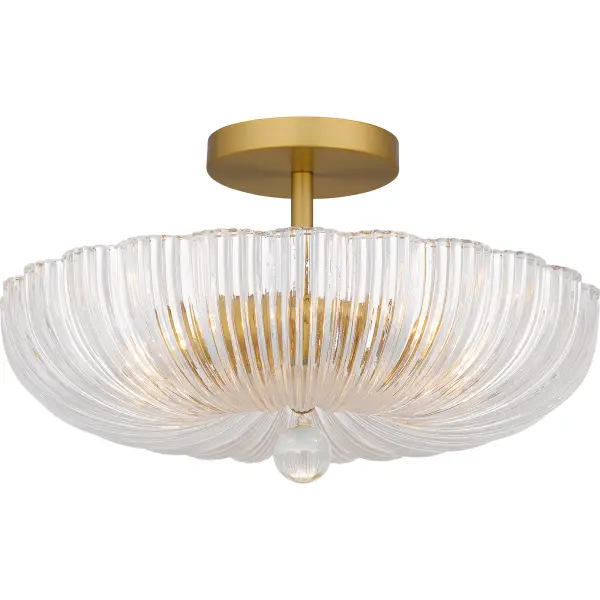 The Belmond semi-flush mount light fits a wide range of design schemes with its classic silhouette and versatile finishes. The scalloped, clear ribbed glass shade creates a beautiful illumination effect and is finished in your choice of brushed gold or matte black. With its simple yet elegant styling, Baylor is a great addition to any traditional foyer, hallway, bathroom, or living space.