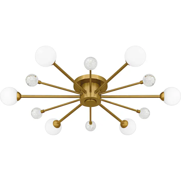 The Combe semi-flush mount light adds a modern touch to any room with its updated Sputnik design. Crystal balls accent the opal etched glass globes, creating a striking visual appeal and enhancing the overall elegance of the piece. Available in brushed gold or matte black finishes, Combe effortlessly blends contemporary style with a hint of sophistication. Perfect for living rooms, bedrooms, or entryways, Combe provides both functionality and a stylish statement.