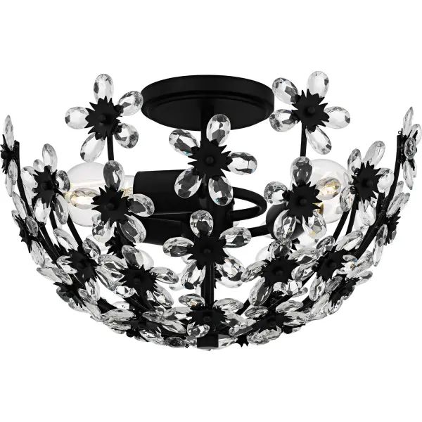 Elevate your space with the Rosemary semi-flush mount light, a stunning example of glam style that adds a touch of sophistication and femininity to any room. This ceiling light features a choice of finishes in matte black or soft gold, each providing a luxurious foundation for its exquisite design. Rosemary is adorned with clear crystal glass flowers that capture and reflect light, adding a delicate and elegant touch. The interplay of light through the crystal flowers creates a captivating effect, enhancing the overall ambiance of your space.