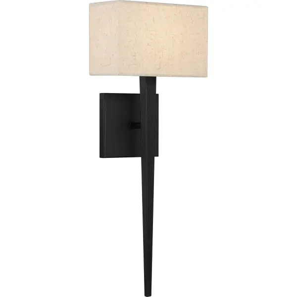 The Rochell one-light wall sconce features a rectangular beige fabric shade, square matte black backplate, and a long decorative sconce arm. The shade emits a warm focused glow, making this sconce perfect for task or accent lighting in a home office or living room setting. Because of its minimalist silhouette, Rochell makes a great addition in any transitional, casual, or classic setting.