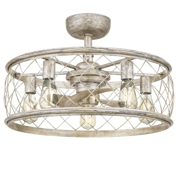 The Dury fandelier combines decorative lighting with efficient airflow in a compact 22-inch design. Its harlequin diamond cage pattern in silver leaf finish creates an upscale focal point while the 3-speed reversible motor delivers practical cooling.