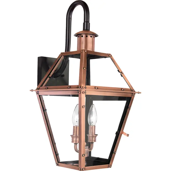 From the Charleston Copper Lantern Collection  this piece gives you the historic look of gas lighting  but without the hassle of a propane feed.  It is all electric  solid copper and hand riveted  giving your home the romantic  reproduction style of antique gas lights still popular today on many of the charming homes in New Orleans and Charleston.