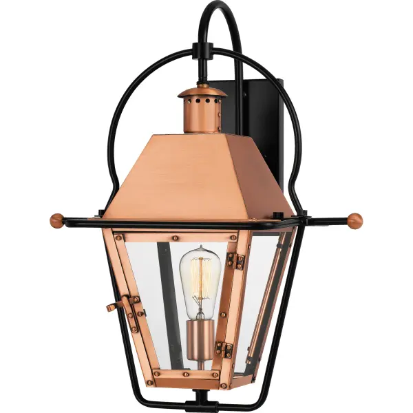 From the Charleston Copper &amp; Brass Lantern Collection, the Rue De Royal offers the historic look of gas lighting without the hassle of a propane feed. It is all electric and features a hand-riveted solid copper or brass frame, combining the romantic charm of an antique lantern with the modern convenience of energy efficiency.Metal finishes will naturally mature and patina over time, changing in appearance and creating a living finish.