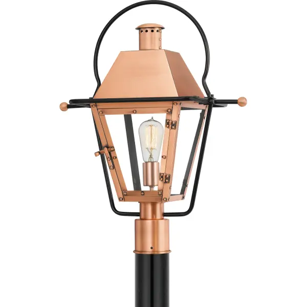 From the Charleston Copper &amp; Brass Lantern Collection, the Rue De Royal offers the historic look of gas lighting without the hassle of a propane feed. It is all electric and features a hand-riveted solid copper or brass frame, combining the romantic charm of an antique lantern with the modern convenience of energy efficiency.Metal finishes will naturally mature and patina over time, changing in appearance and creating a living finish.