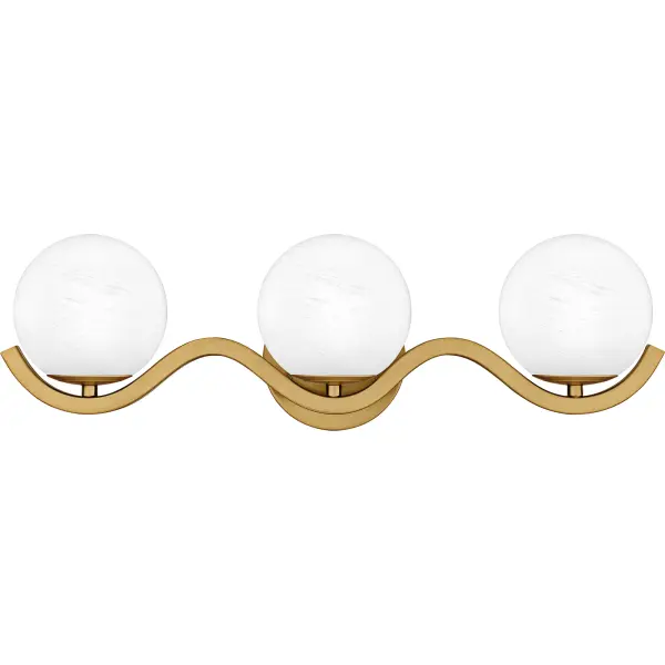 True to its name, the Spherical vanity light embodies modern art with its graceful curved lines and distinctive glass orbs. Finished in lustrous aged brass, this sculptural fixture features striking white cloud glass spheres that make a bold style statement. Available in multiple size options, the Spherical bath light offers flexibility to suit any bathroom space. Hang Spherical over any bathroom vanity to achieve instant, eye-catching illumination.