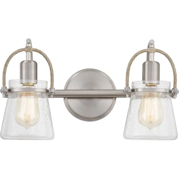 Embrace transitional design with the Stafford collection of bath and vanity lights. Curved Brushed Nickel arms and coastal inspired braided rope accents accentuate clear seeded glass shades. Choose from two, three or four lights in this versatile collection to enhance your bathroom decor today.
