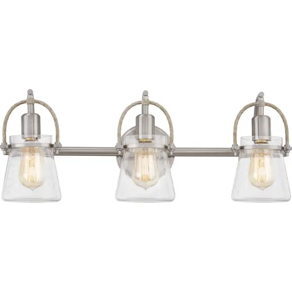 Embrace transitional design with the Stafford collection of bath and vanity lights. Curved Brushed Nickel arms and coastal inspired braided rope accents accentuate clear seeded glass shades. Choose from two, three or four lights in this versatile collection to enhance your bathroom decor today.