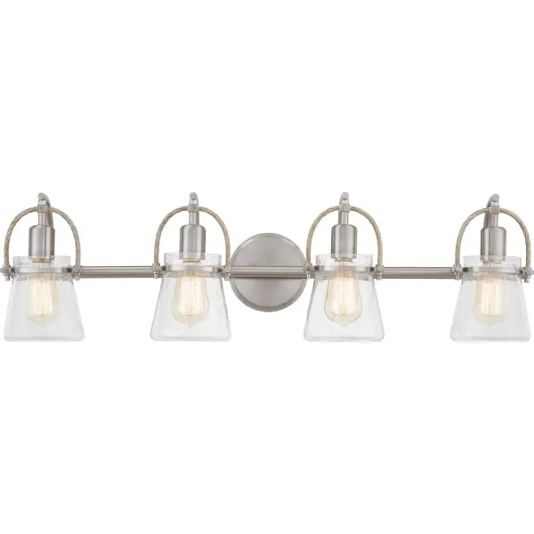 Embrace transitional design with the Stafford collection of bath and vanity lights. Curved Brushed Nickel arms and coastal inspired braided rope accents accentuate clear seeded glass shades. Choose from two, three or four lights in this versatile collection to enhance your bathroom decor today.