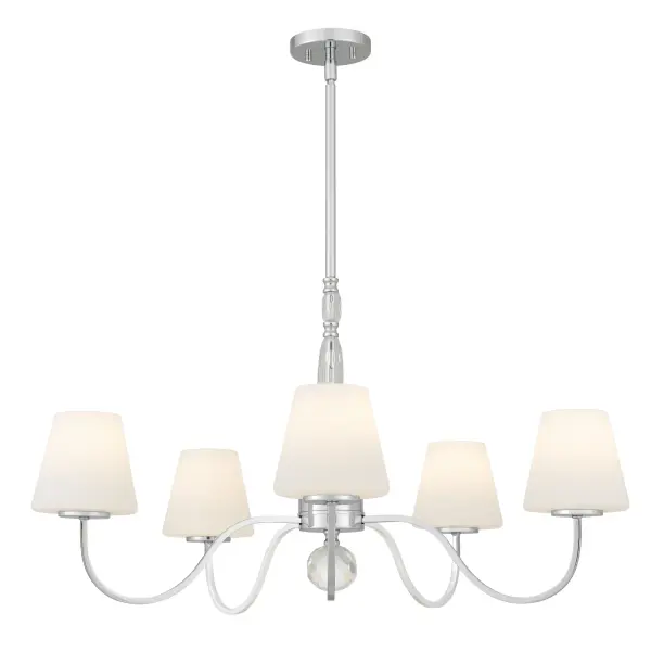 Graceful curves, gleaming polished chrome, and soft, glowing shades define the romantic charm of the Stone Collection. The classic chandelier and wall sconce feature opal etched glass, while the linear chandelier is dressed in white linen fabric for a touch of elegance. Chandeliers include a dual mounting system—choose a clean, rod-to-canopy look or opt for the chain-loop-chain for easier installation. Timeless, luminous, and versatile, Stone brings classic beauty to any space.