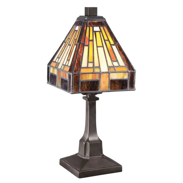 This handcrafted Tiffany style collection illuminates your home with warm shades of amber  bisque and earthy green  arranged in a clean and simple geometric pattern reminiscent of the works of Frank Lloyd Wright.  The sturdy base complements the Arts &amp; Crafts style  and is finished in a vintage bronze patina.Glass color in Tiffany lighting products vary in color.  No two pieces are identical.
