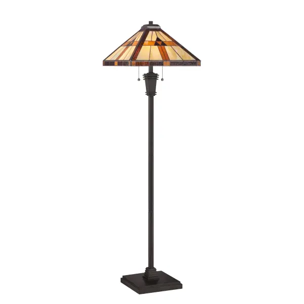 Bring a touch of an American craftsman look to any living space with the 60” high Bryant floor lamp. Furthering its classic design appeal are 112 pieces of neutral toned art glass that are hand assembled using the copper foil method developed by Louis Comfort Tiffany plus an Authentic Bronze Patina finish. Plenty of illumination is provided by two 100 watt medium base bulbs.Glass color in Tiffany lighting products vary in color.  No two pieces are identical.
