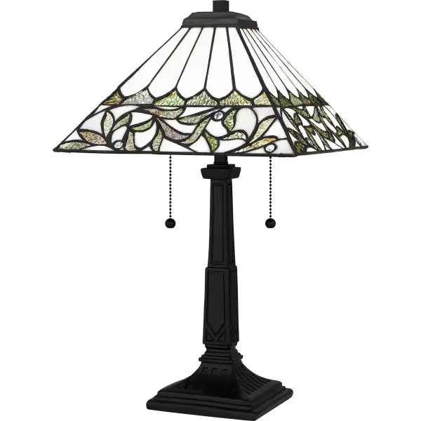 The Galahad table lamp is as pretty as it is functional. The classic design features a matte black finish and a handcrafted, white Tiffany glass shade with a multicolored floral motif. Each piece of glass is hand assembled, creating a one-of-a-kind statement piece perfect for a bedroom, kitchen, or home office.