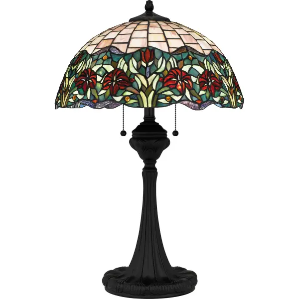 With a pretty floral design, the Venice table lamp adds a feminine touch to any room in your home. The multicolored Tiffany glass shade is hand assembled and perfectly arranged into a mesmerizing floral pattern, creating a unique experience. The elegant base is finished in matte black and includes two pull chains for ease of use.