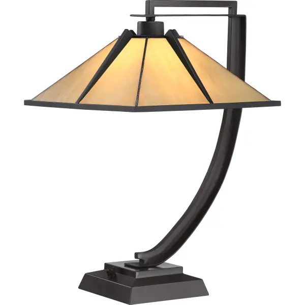 Tiffany lamps come in a variety of styles and Pomeroy is no exception.  Featuring an overhang design  the shade is a soft yellow and appears to hover in the center of the lamp base that is finished in Western Bronze.Glass color in Tiffany lighting products vary in color.  No two pieces are identical.
