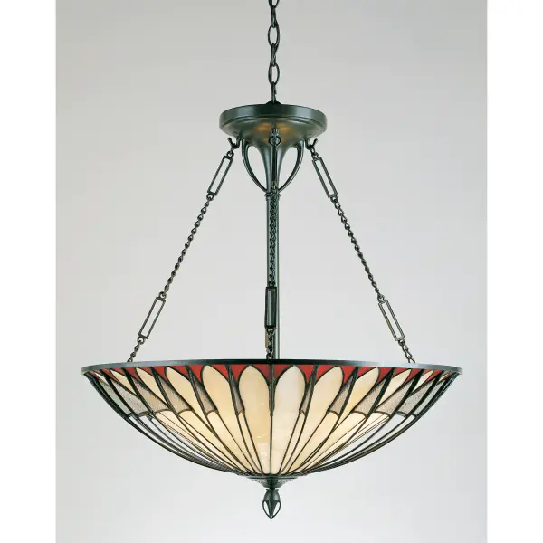 The softly arched wire arms of the Alahambre Collection are suspended over cream colored opalescent glass with wine accents gives this cone shaped shade the illusion of being dome shaped.  Clear  granite textured glass connects all the elements giving a multi dimensional  web like feel.Glass color in Tiffany lighting products vary in color.  No two pieces are identical.