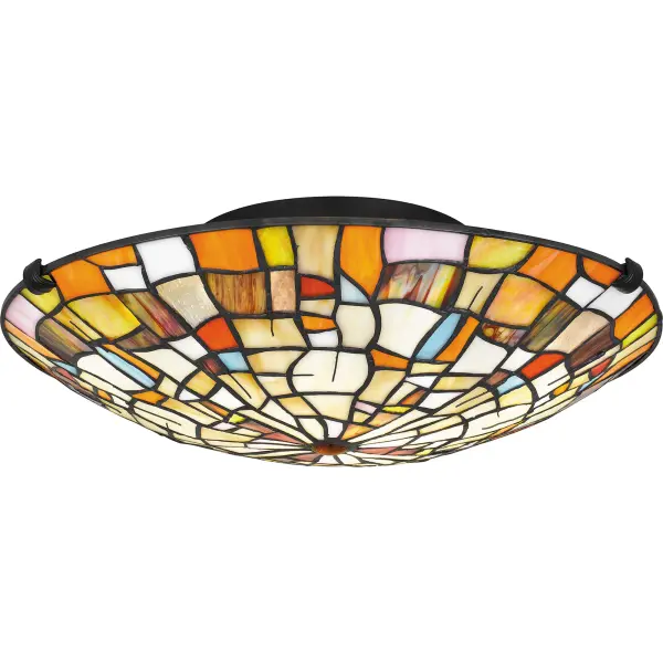 The prettiest puzzle. The Stinson table lamp, also available as a flush mount, fits together varying shapes and tones with multicolor art glass. The effect is artistic and impressive, finished with a matte black, curved base and pull chains for two bulbs.