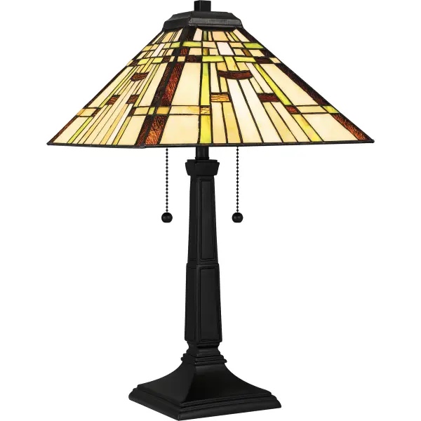 The Mill Run table lamp and flush mount present Craftsmen style in tones of espresso, amber, celery, and cream. The table lamp includes hefty pull chains and a simple, handsome base in matte black. The flush mount also features a matte black finish, apparent in a decorative finial.