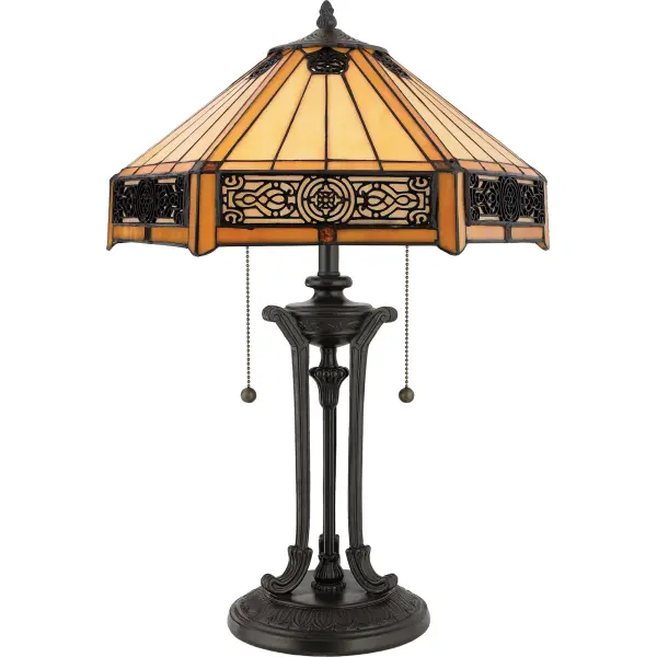 Features a handcrafted tiffany art glass shade in a creamy neutral color  overlayed with intricate filigree accent panels.Glass color in Tiffany lighting products vary in color.  No two pieces are identical.