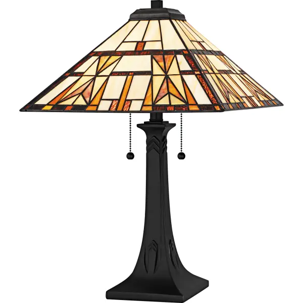 Add a touch of classic sophistication to your decor with the Kaylor table lamp. Featuring a matte black finish, this lamp effortlessly complements traditional interiors. The handcrafted Tiffany-style glass shade showcases intricate detailing and vibrant colors, creating a striking contrast against the sleek resin base. The combination of the rich glasswork and the matte black finish brings a timeless elegance to any room, making it perfect for enhancing your living room, bedroom, or study.