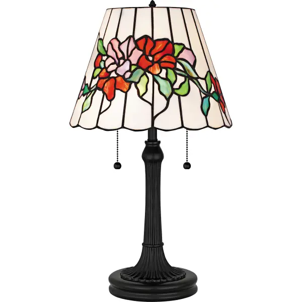 The Aurora table lamp exudes traditional charm with its multicolor Tiffany-style glass shade featuring a beautiful red and pink floral motif. This intricately designed shade adds a vibrant and artistic touch to any room, creating a warm and inviting atmosphere. The lamp boasts a sturdy resin base with a sophisticated matte black finish, providing an elegant contrast to the colorful glass. Perfect for enhancing living rooms, bedrooms, or offices, Aurora combines timeless design with functional lighting, making it a stunning addition to your home.